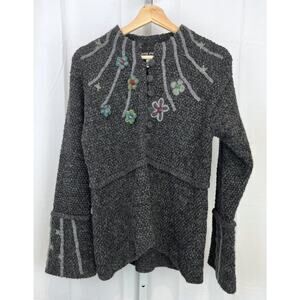 LITTLE JOURNEYS Size S Art to Wear Wool Alpaca Floral Cardigan Sweater Gray